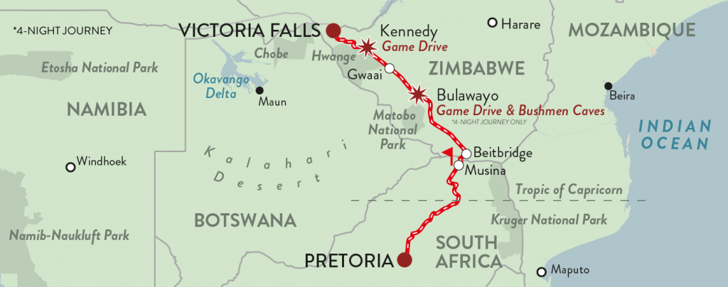 Karte der Pretoria - Vic Falls Route