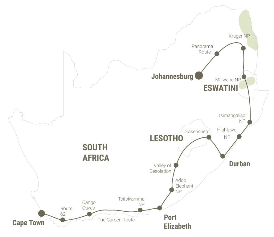 Reiseverlauf von Johannesburg bis nach Kapstadt