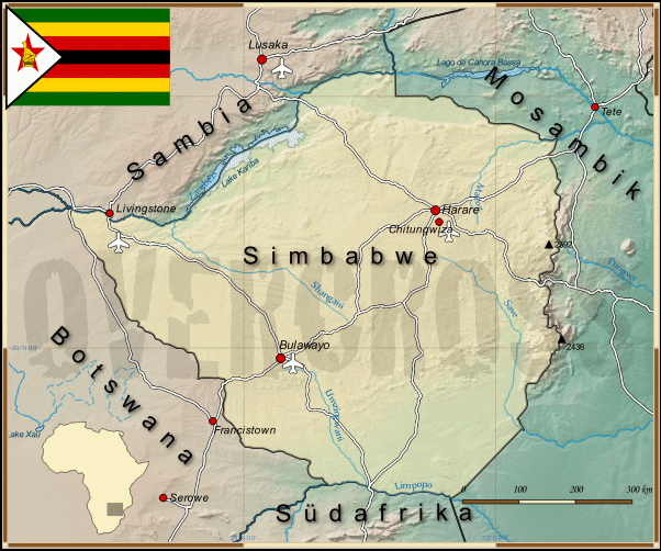 Reisekarte von Simbabwe des Reiseveranstalters Overcross