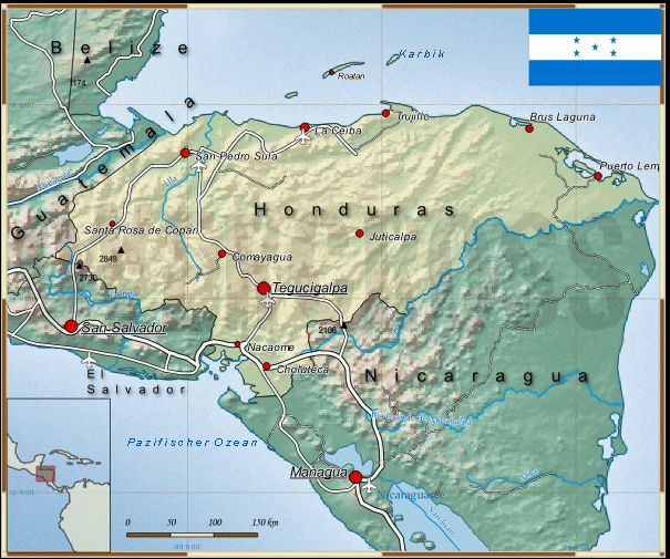 Reisekarte von Honduras des Reiseveranstalters OVERCROSS