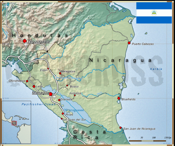 Reisekarte von Nicaragua des Reiseveranstalters OVERCROSS